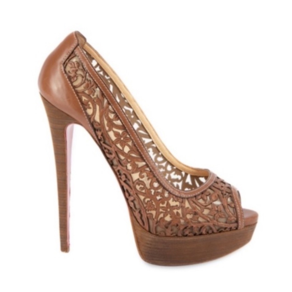 Christian Louboutin Pampas Tan Floral Lasercut Lady Peep Heel | 39